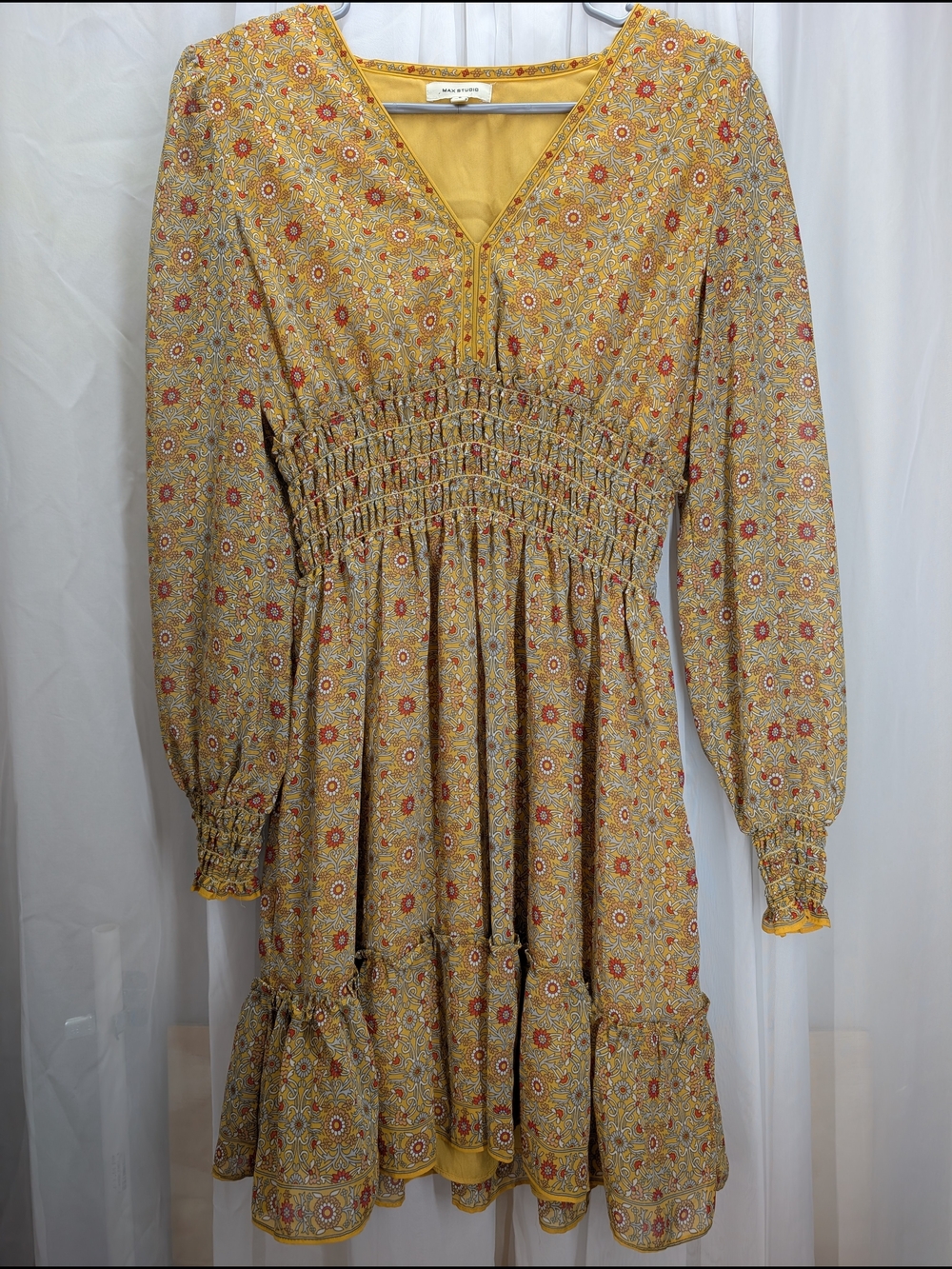 Max Studio Floral Smocked Waist Mini Dress Size Small Boho Cottagecore - Picture 2 of 12